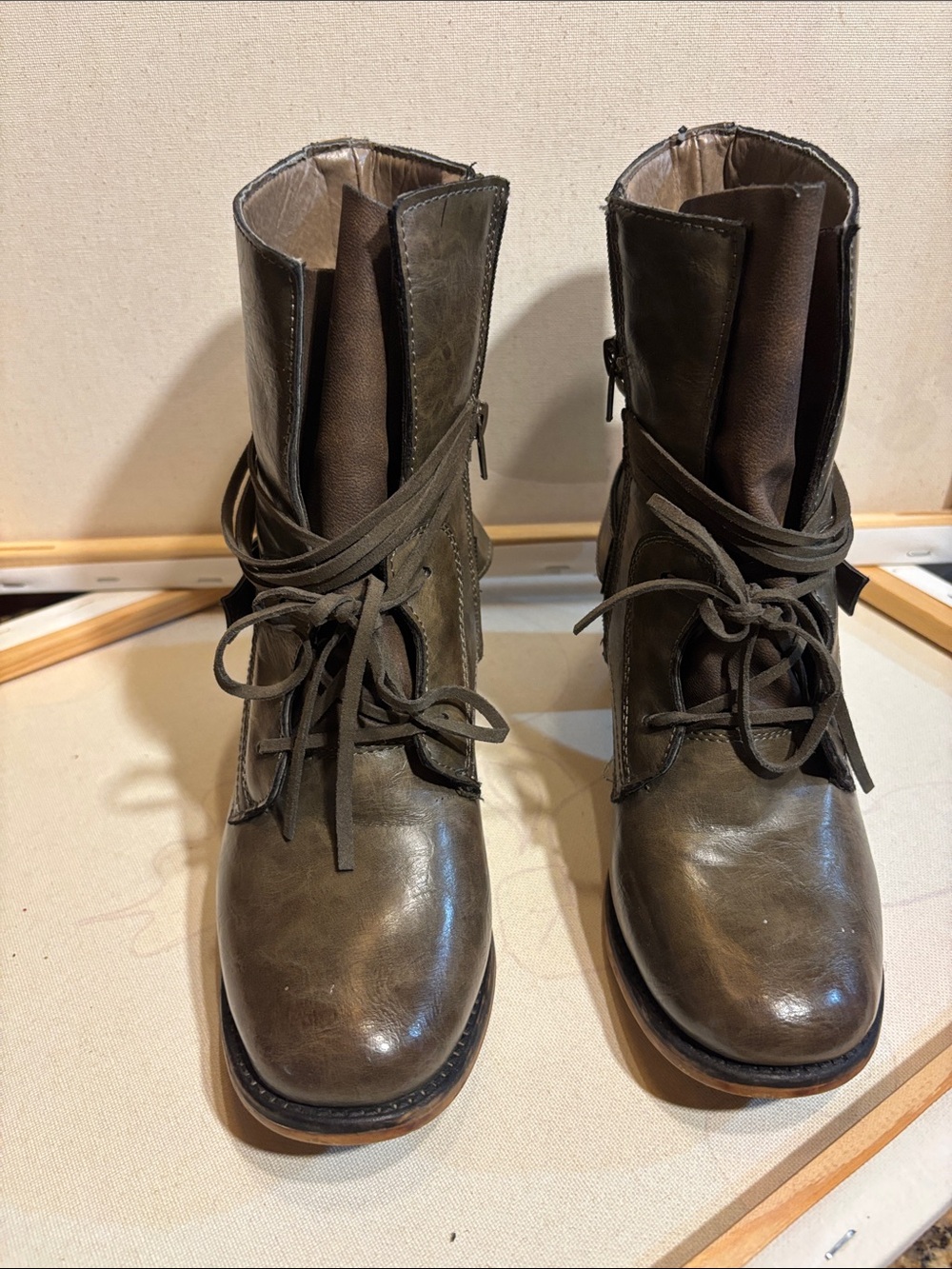 Pierre Dumas Olive Lace-Up Ankle Boots with Strap & Buckle